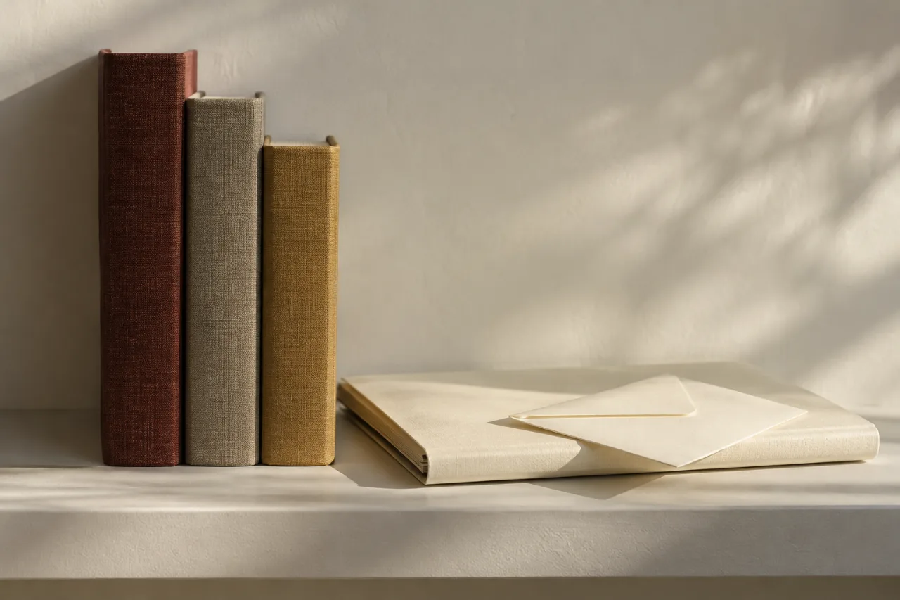 Schlichte Leinenbücher, eine Manuskriptmappe und ein Umschlag.